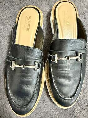 Italian Black Leather Platform Mule Loafers Horsebit Slip On  Women’s 6